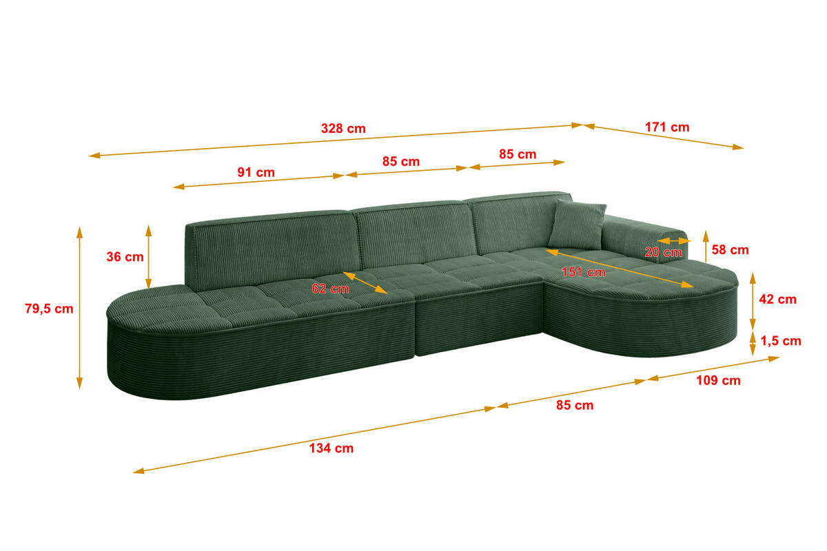 ECKSOFA Ottomane Rechts TARO-L2 - 328x171x79,5 cm Grün - Grün, Holzwerkstoff/Textil (328/171cm) - ALTDECOR