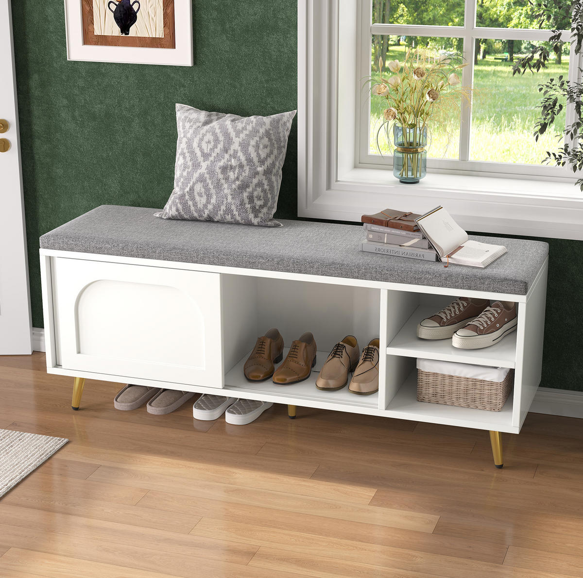 SCHUHSCHRANK aus Spanplatte 121x35x49cm in Weiß mit Sitzpolster - Weiß, Holzwerkstoff (121/49/35cm) - Modfu
