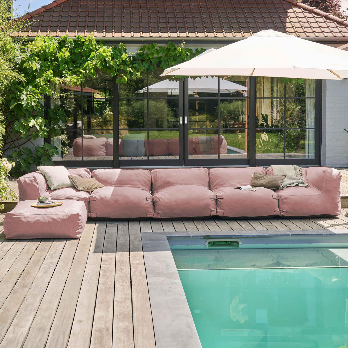 GARTENSOFA mit 6 Sitzplätzen, Puderrosa - Pink, Textil (85/65/510cm) - Oviala