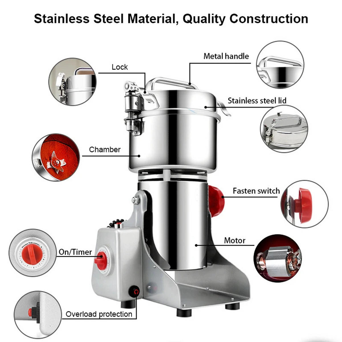 KAFFEEMÜHLE 700g Gewürze Kräuter Getreide Mahlmaschine - Silberfarben, Metall (13.5/37/15.5cm) - Bextcok
