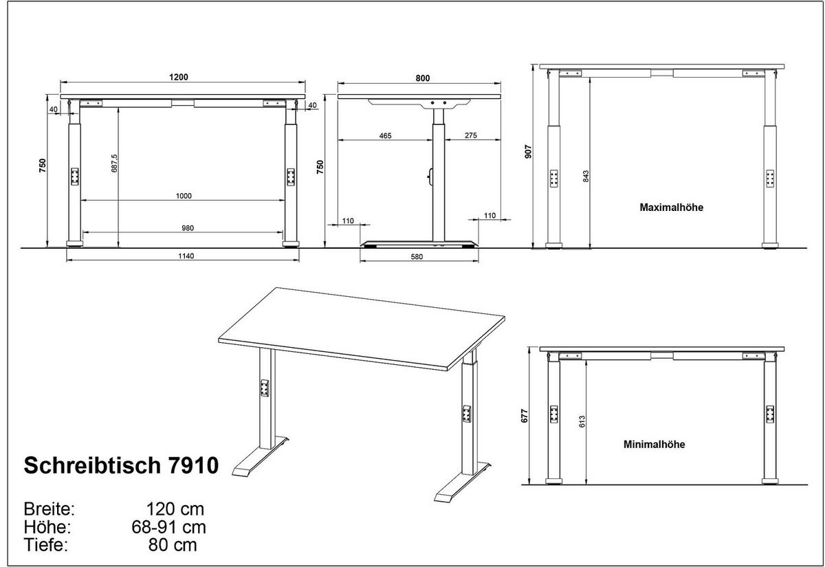 SCHREIBTISCH höheneinstellbar "Stuttgart" 68-91cm Graphit 120x80cm, C-Fuß - Schwarz, Holzwerkstoff/Metall (80/120/91cm) - KADIMA DESIGN