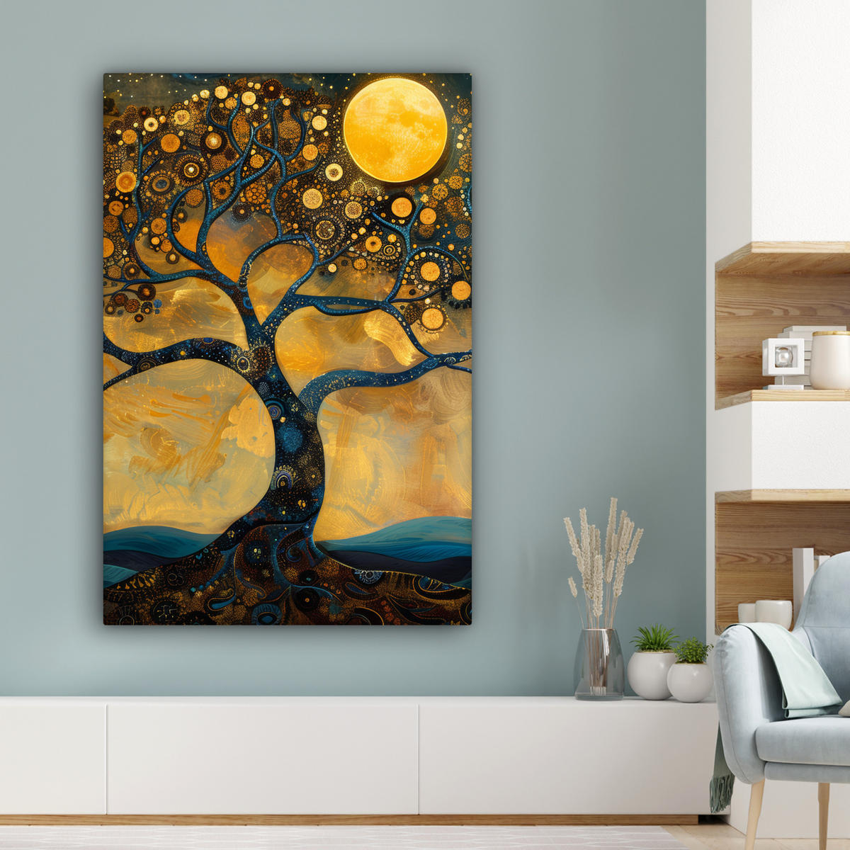 LEINWANDBILD Baum - Mond - Blumen - Gold - Kunst Deko Groß 90x140 cm - Orange, Textil (90/140cm) - MuchoWow