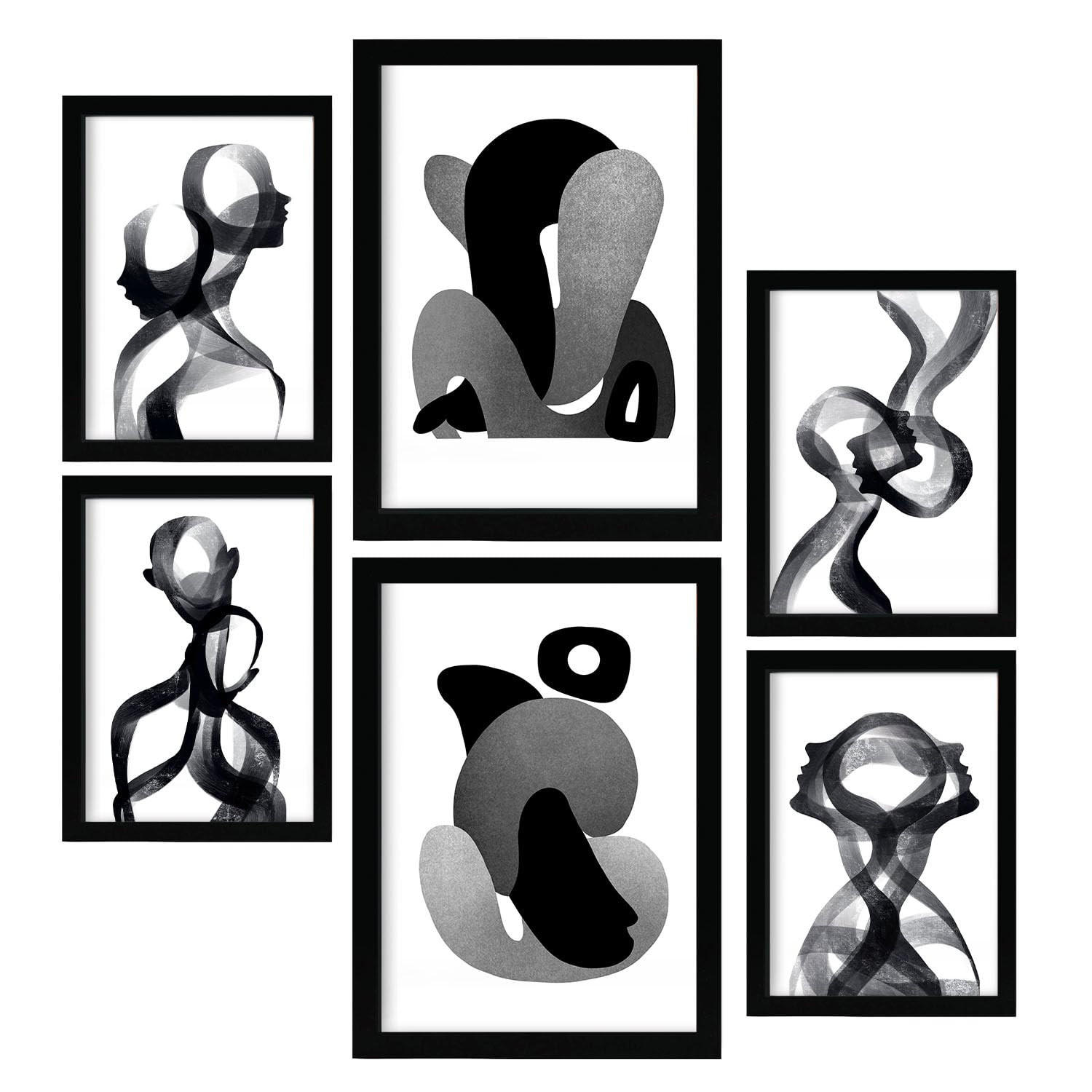 POSTER Set Mit 6 Gebogener Körper In Liebhaber Abstrakt Ästhetische Dekorative Gemälde Für Ihr Wohnzimmer Zuhause A3 & A4 Schwarzer Rahmen - Schwarz, Papier (29/3cm) - Nacnic