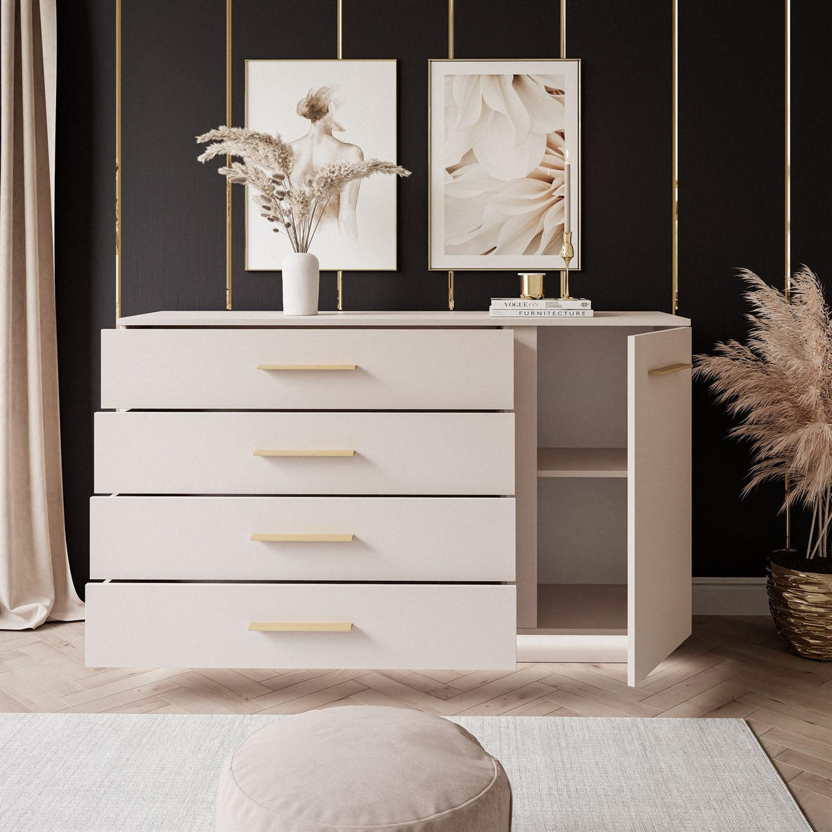 SIDEBOARD LINA KASCHMIR II 1D4S mit LED-Beleuchtung Griffe Goldmatt - Kaschmir/Goldfarben, Holzwerkstoff (138/84/40cm) - Lookway