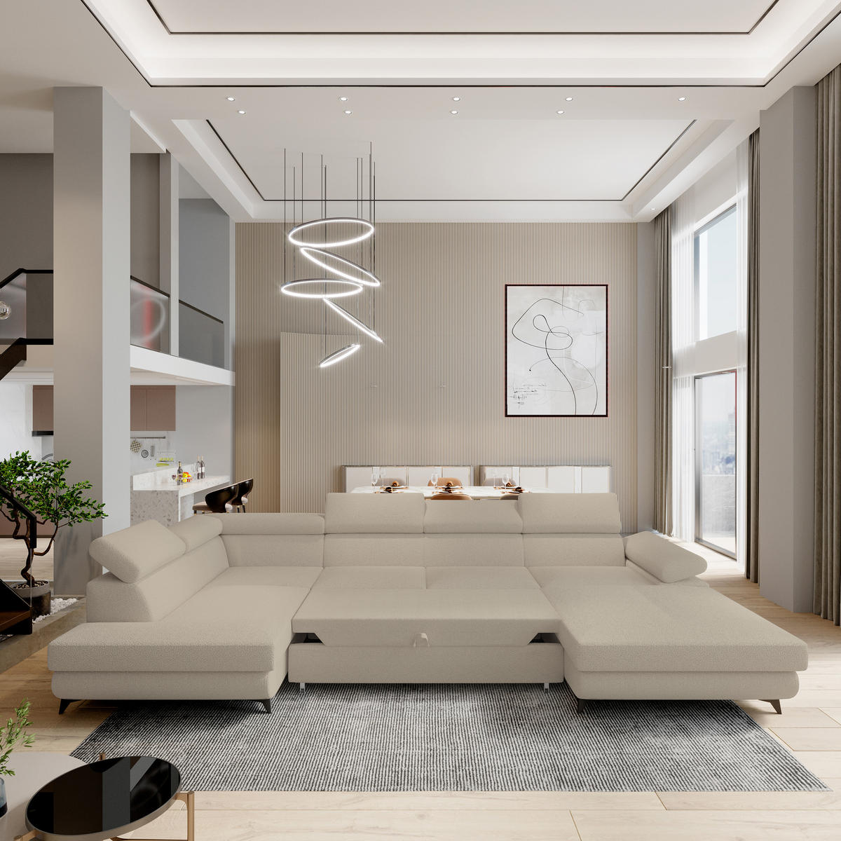 WOHNLANDSCHAFT RUBANO L-S Beige Boucle-Stoff mit Schlaffunktion - Beige, Holz (339/89/190cm) - MASSENO