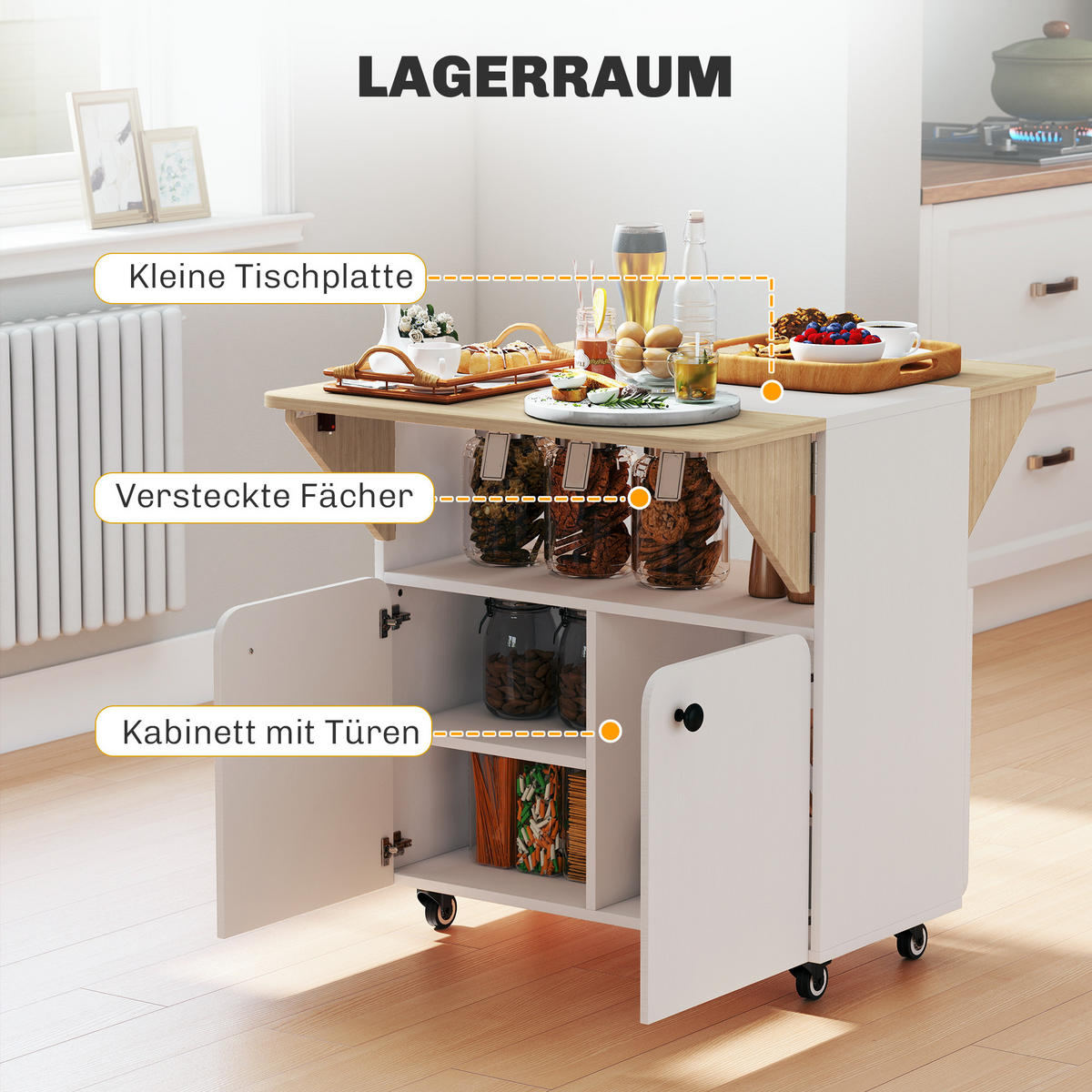 ESSTISCH Klappbarer Mobiler Küchentisch für 2-4 Personen, Klapptisch mit Rolle - Weiß, Holzwerkstoff/Kunststoff (83/75/70cm) - HOMCOM