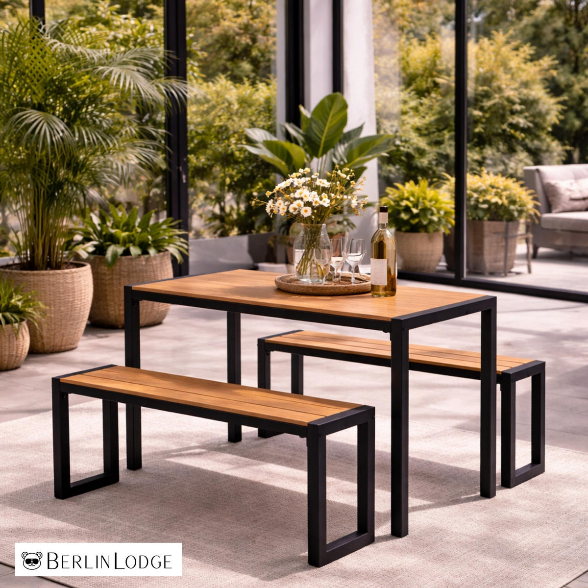 BIERZELTGARNITUR MALLORCA 3-teilig 4 Personen 118cm breit Holzoptik - Schwarz/Braun, Kunststoff/Metall - BERLINLODGE
