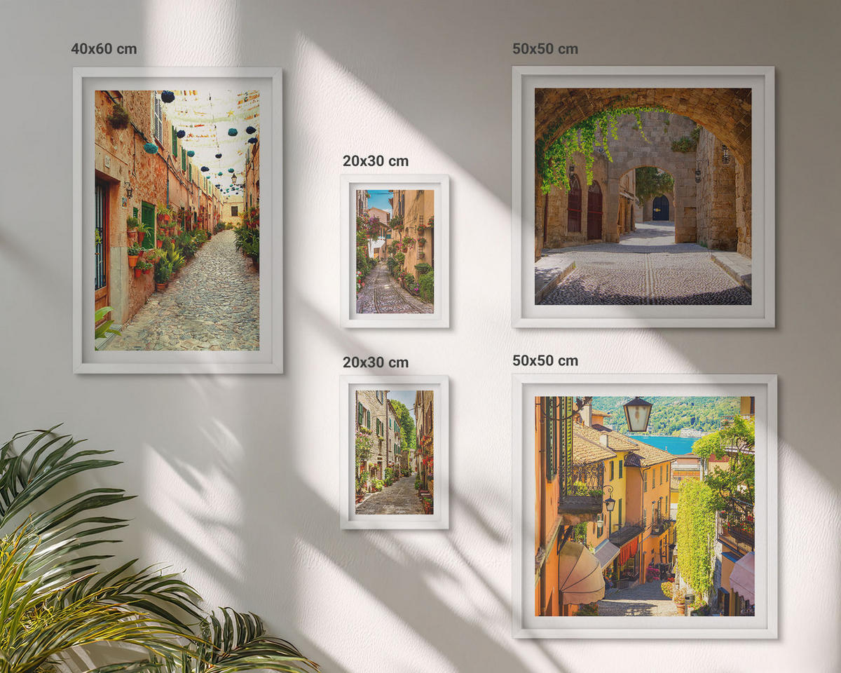 BILDER SET 5er Set - 50x50 cm & 20x30 cm & 40x60 cm Weißer Rahmen - Italienische Straßen, Blumen, Architektur - Weiß, Kunststoff (40/60cm) - TULUP