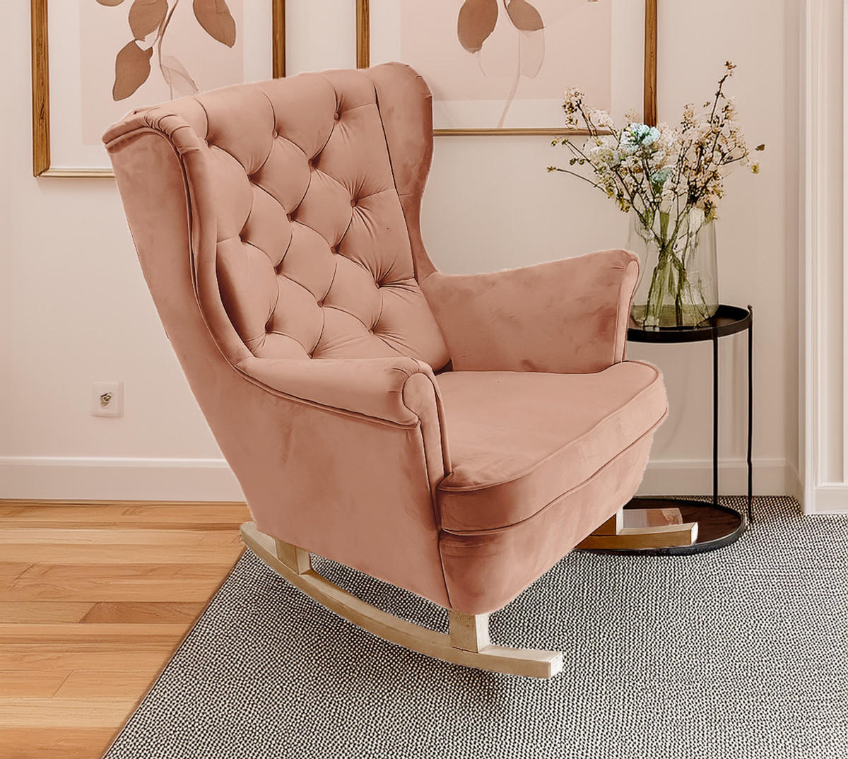 SCHAUKELSESSEL mit gepolstertem Sitz und Armlehnen, 102x81x95 cm, Powder Pink_29830 - Buchefarben/Rosa, Holz/Textil (81/102/95cm) - DomoHome