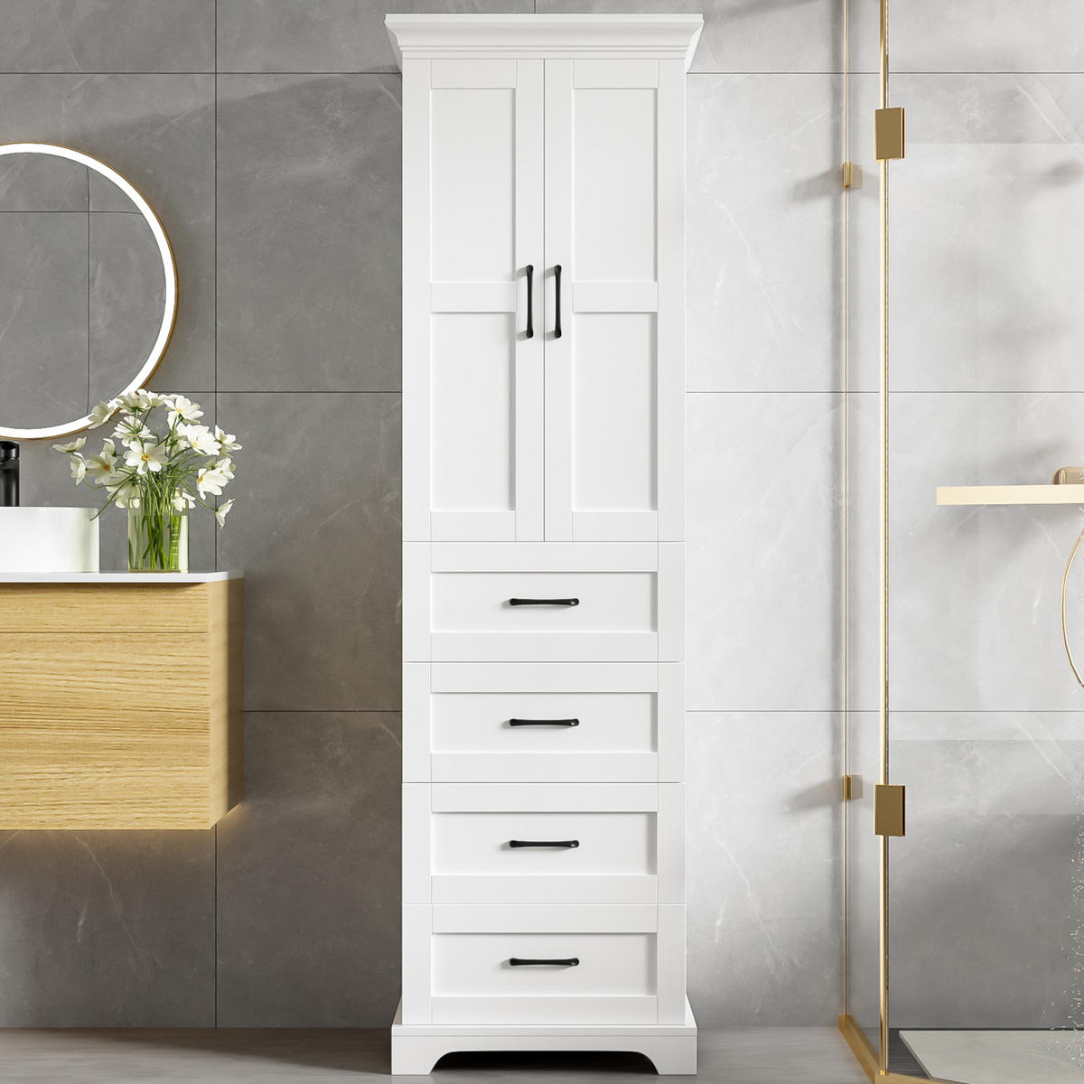 BADEZIMMERSCHRANK mit Schubladen, Einzelschrank, verstellbare Einlegeböden, Soft Close, Weiß - Weiß, Holz (57/180/38cm) - PARAFTA HOME