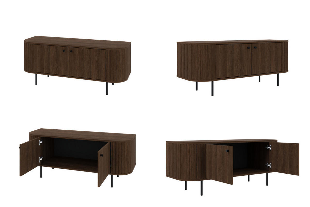 TV-SCHRANK Olivia 123 cm, mit 2 Türen, Stauraum, geriffeltem Design, dunkelbraun, schwarzfarbenen Metallfüßen - Dunkelbraun, Metall (123/50/43cm) - Margaret Hadas24