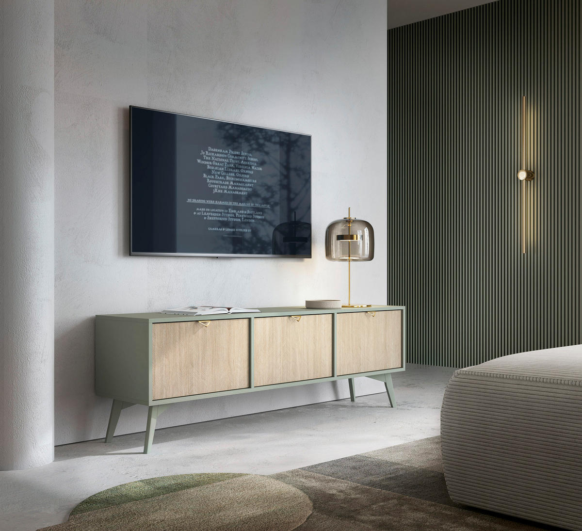 LOWBOARD Silva 158 cm in der Farbe Eukalyptus + Scandi-Fischgrätmuster mit Türen - Goldfarben/Grün, Holz/Holzwerkstoff (158/53/38cm) - Ravio