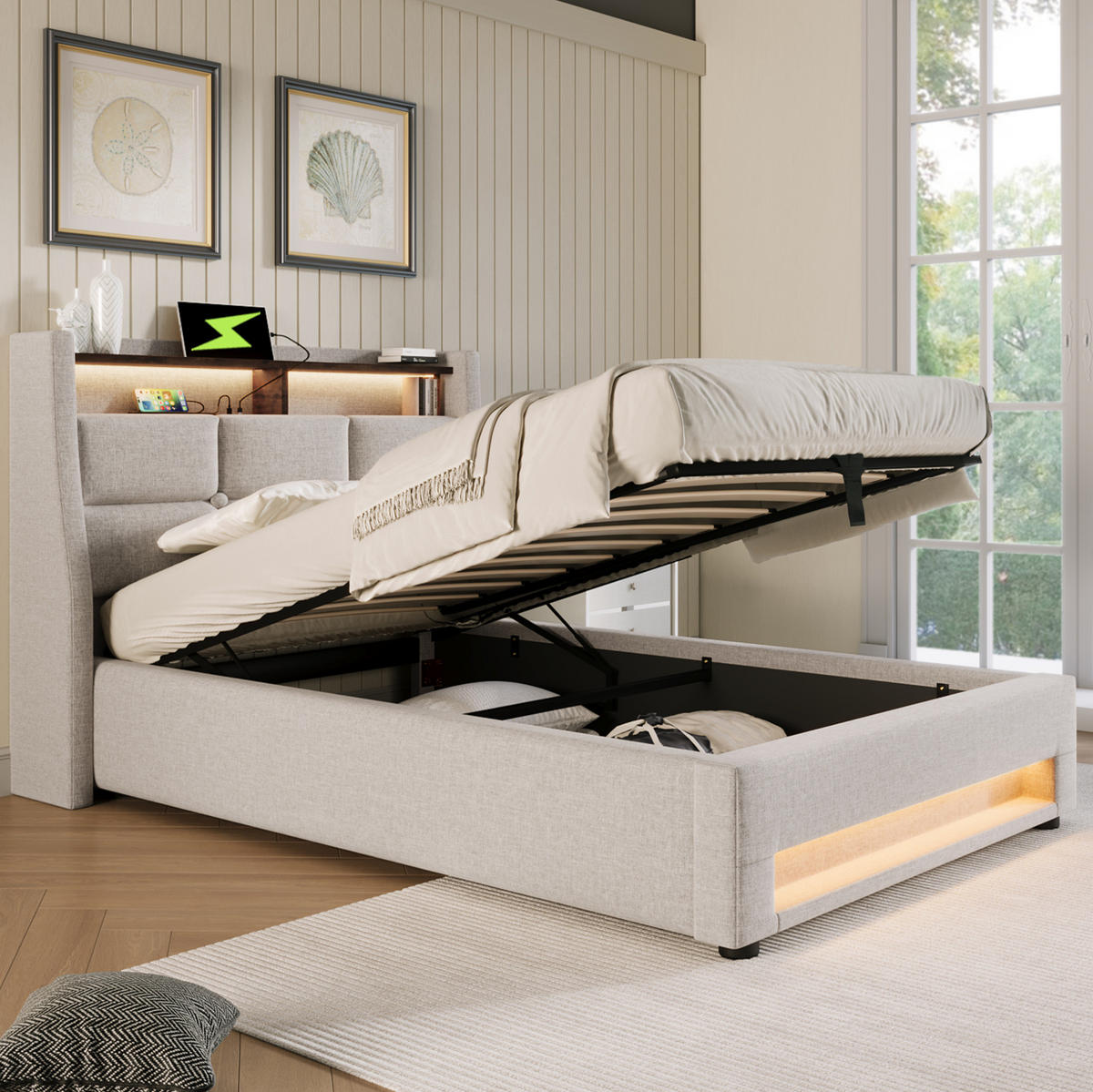 POLSTERBETT mit Stauraum, USB und LED 90x200 cm Beige - Beige, Metall (90/200cm) - Meubliv