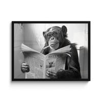 POSTER MIT RAHMEN Affe - WC - Zeitung - Schwarz-Weiß - Humor 80x60 cm - Hellgrau, Papier (80/60cm) - MuchoWow
