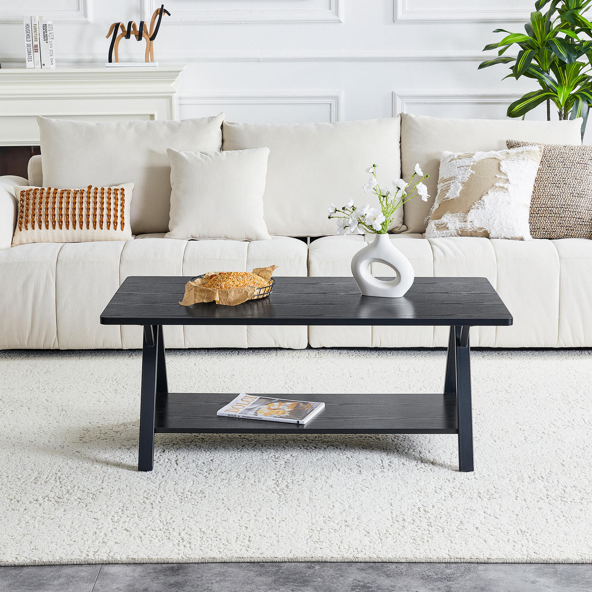 COUCHTISCH 110/57/44,5 cm schwarz aus MDF mit Ablage und Metallgestell - Schwarz, Holzwerkstoff (110/57/44.5cm) - OKWISH