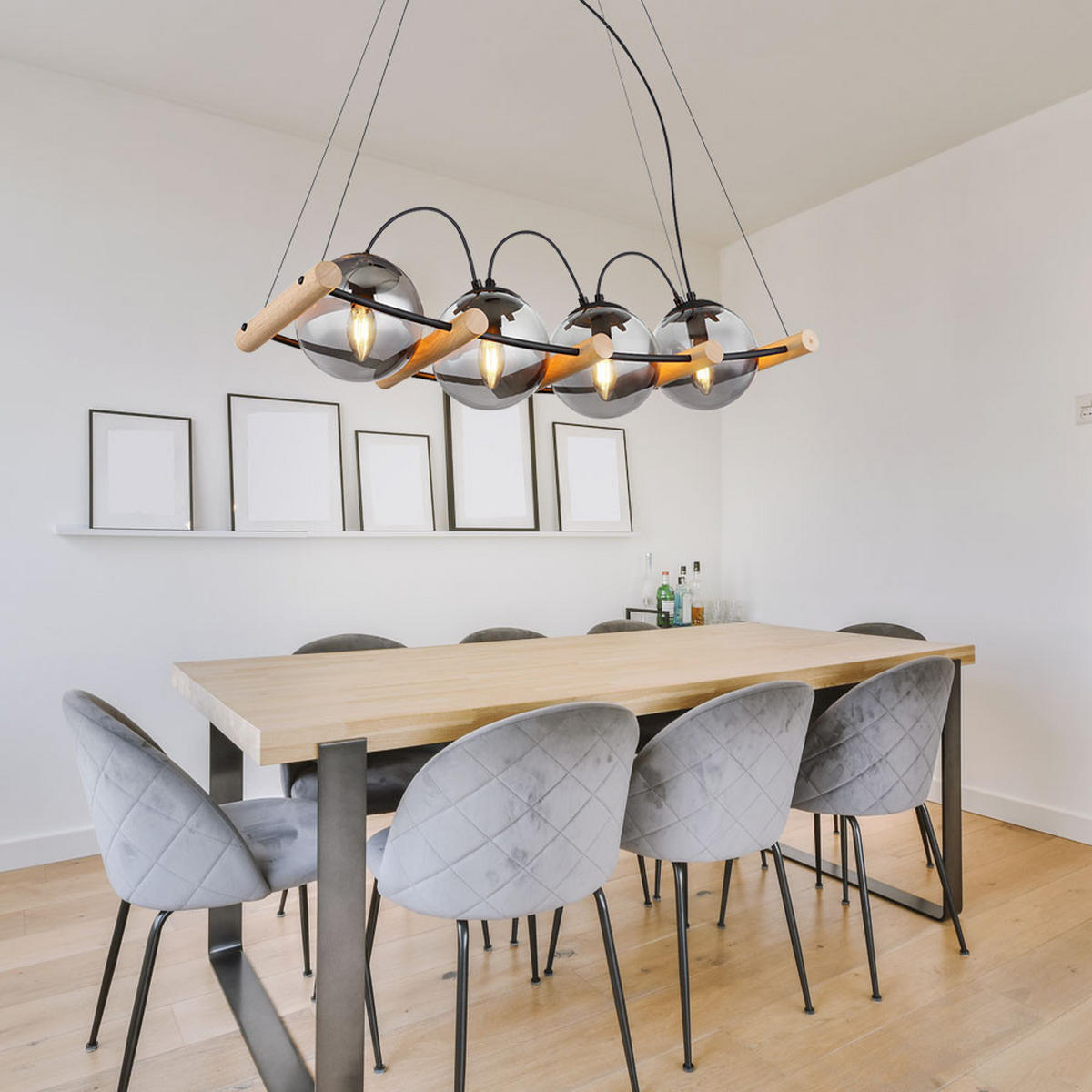 PENDELLEUCHTE Metall Schwarz-matt Glas Rauchfarben - Braun, Holz (75/22/120cm) - Globo Lighting