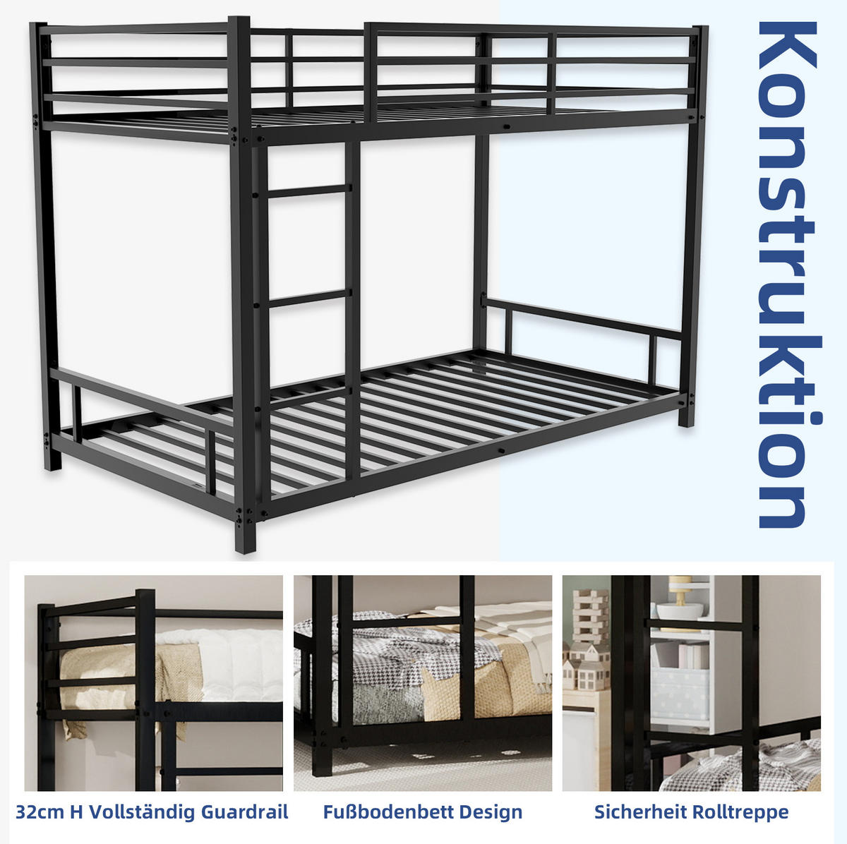 ETAGENBETT 90/180 cm schwarz aus Eisen mit Leiter und Sicherheitsgeländer - Schwarz, Metall (90/200cm) - OKWISH