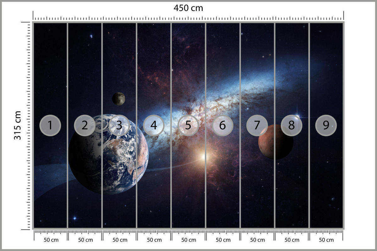 FOTOTAPETA Pre Detskú Izbu Planéty Galaxia Kozmos Hmlovina 450 x 315 cm - biela/fialová, papier (450/315cm) - Muralo