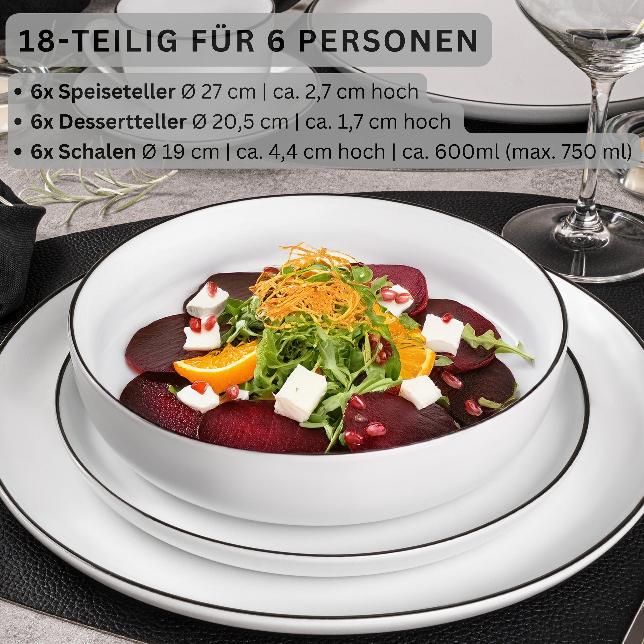 TAFELSERVICE MARLO BLACK RIM - 18 teilig aus Porzellan - Weiß, Keramik (27/4.4/27cm) - Sänger