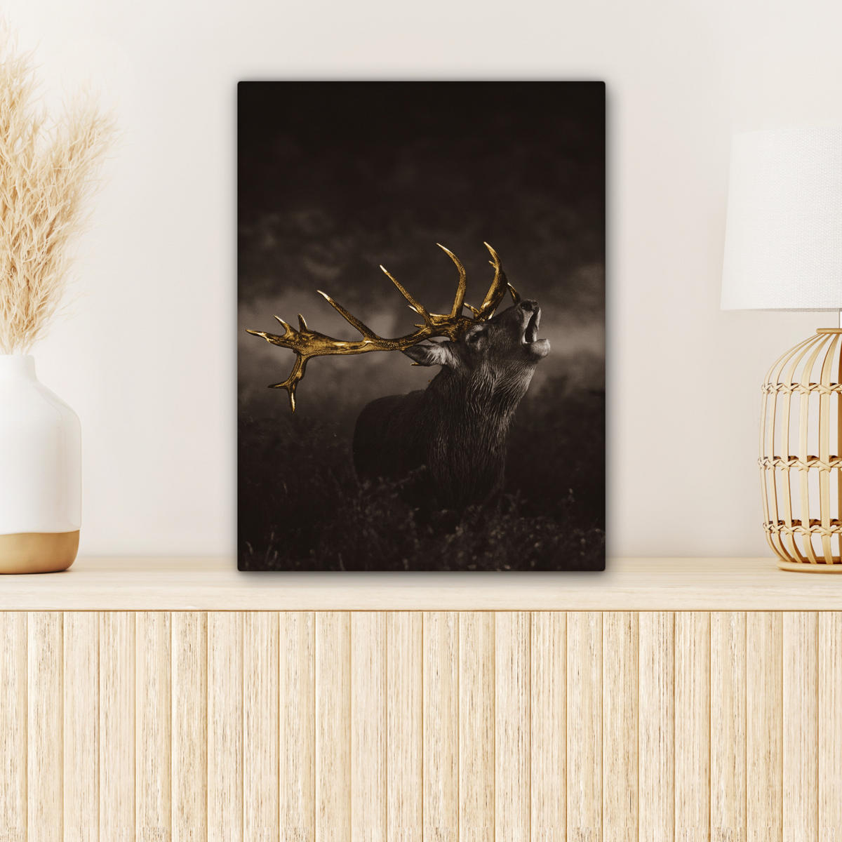 LEINWANDBILD Rotwild - Schwarz - Gold 30x40 cm - Braun, Textil (30/40cm) - MuchoWow