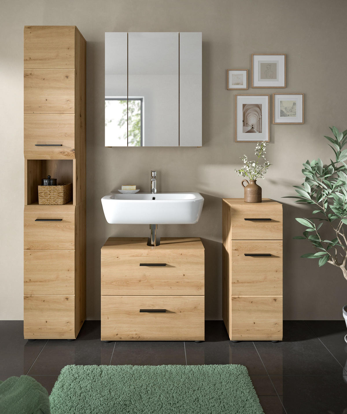 BADMÖBEL SET 2-teilig in Artisan Eiche, Badkombination 60 x 185 cm, Cover - Eichefarben/Schwarz, Glas/Holzwerkstoff (60/185/30cm) - Inn.Furn