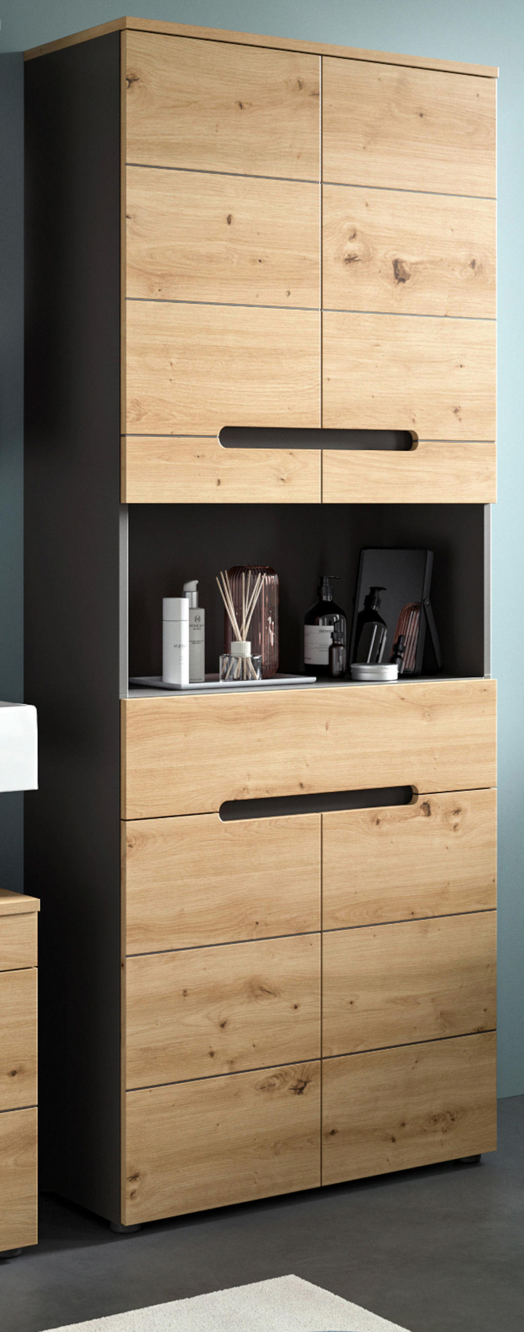 HOCHSCHRANK Eiche, grau 76 x 193 cm, Badschrank mit Soft-Close - Eiche Artisan/Grau, Holz/Holzwerkstoff (76/193/34cm) - Inn.Furn