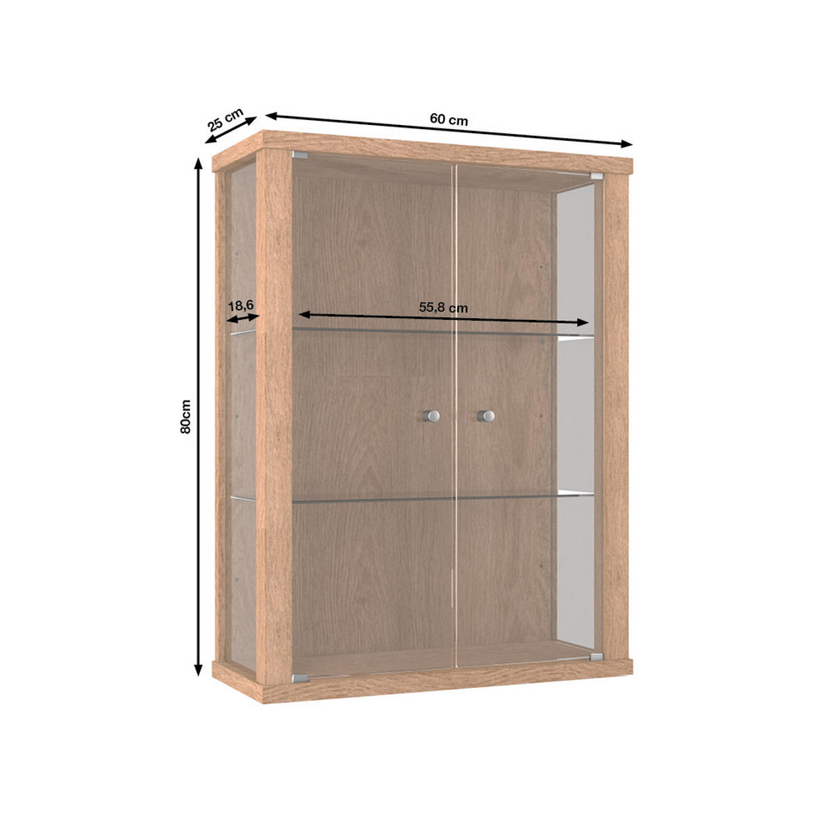 HÄNGEVITRINE 25/60/80 cm mit 2 höhenverstellbaren Glasböden - Transparent/Silberfarben, Glas/Holzwerkstoff (60/80/25cm) - K-Möbel