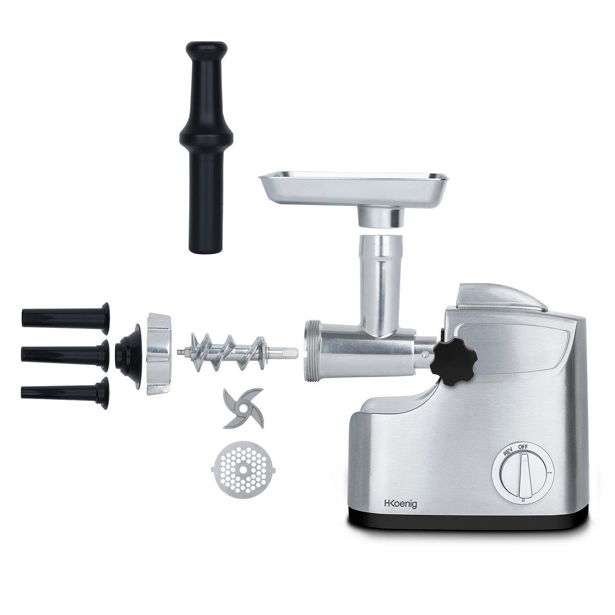 FLEISCHWOLF WMG800 Silber, bis zu 2kg/min, Edelstahlschneideblatt, 3 Hackgittergrößen, 2 Geschwindigkeiten - Silberfarben, Metall (22/36/29cm) - HKoenig