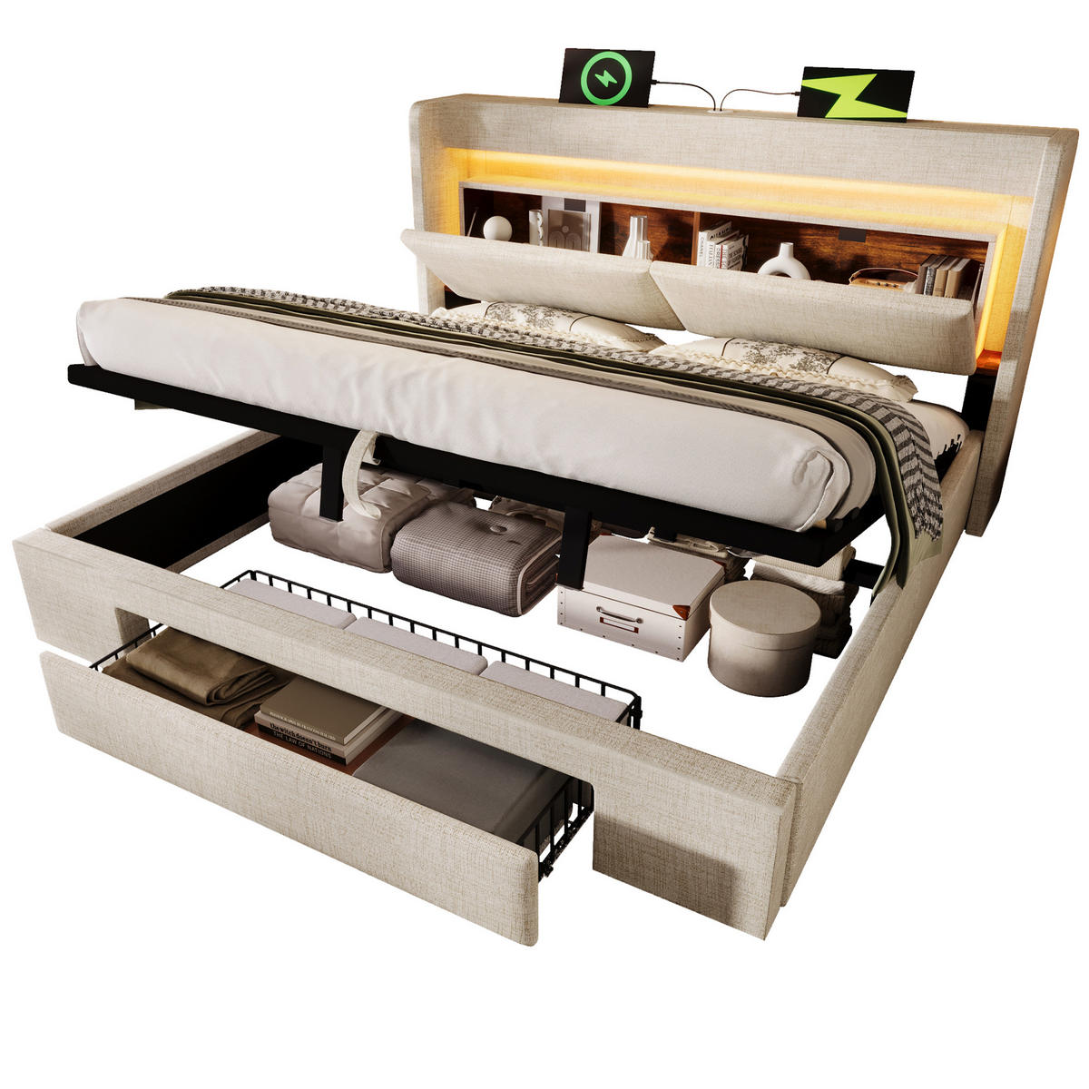 POLSTERBETT 180/200 cm mit LED, USB/USB-C, hydraulischem Stauraum und Schublade, Leinen, Beige - Beige, Textil (180/200cm) - Redom