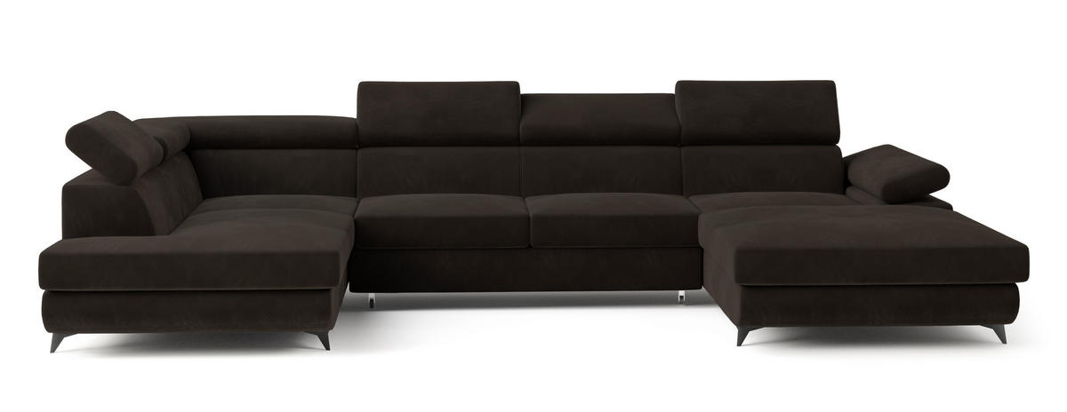 WOHNLANDSCHAFT RUBANO L-S Braun Velours-Stoff mit Schlaffunktion - Braun, Holz (339/89/190cm) - MASSENO