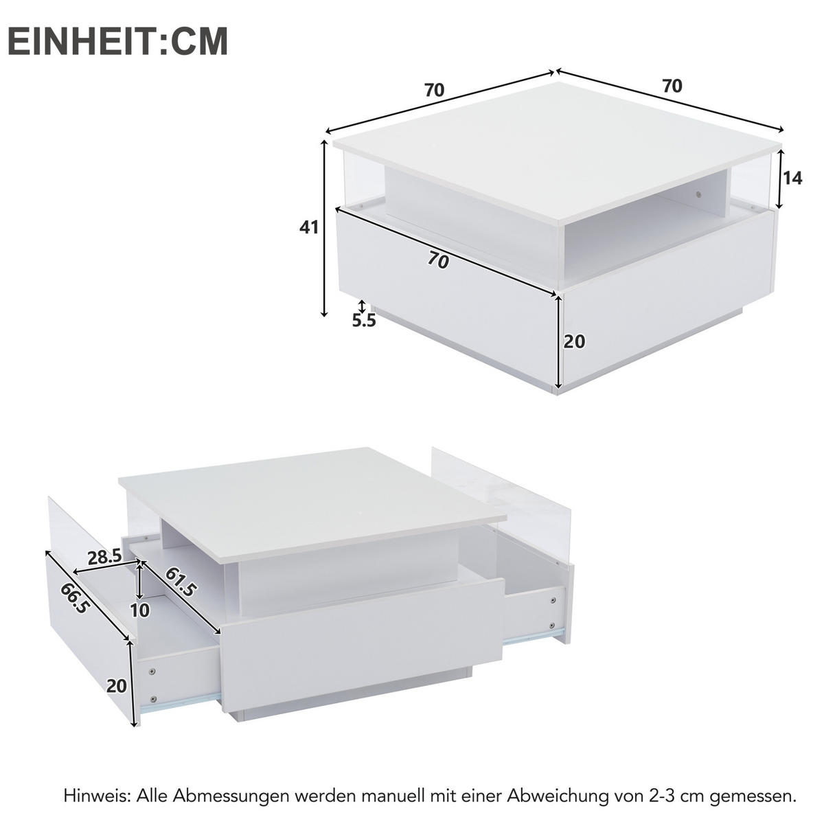 COUCHTISCH 70/70/41 cm weiß aus Spanplatte mit LED-Beleuchtung und 2 Schubladen - Weiß, Holzwerkstoff (70/70/41cm) - OKMYHOME