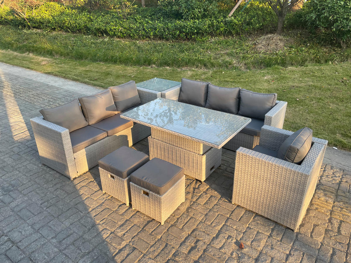GARTENSOFA SET mit höhenverstellbarer Tisch Polyrattan Helles Grau 9-Sitzer - Hellgrau, Metall - Fimous