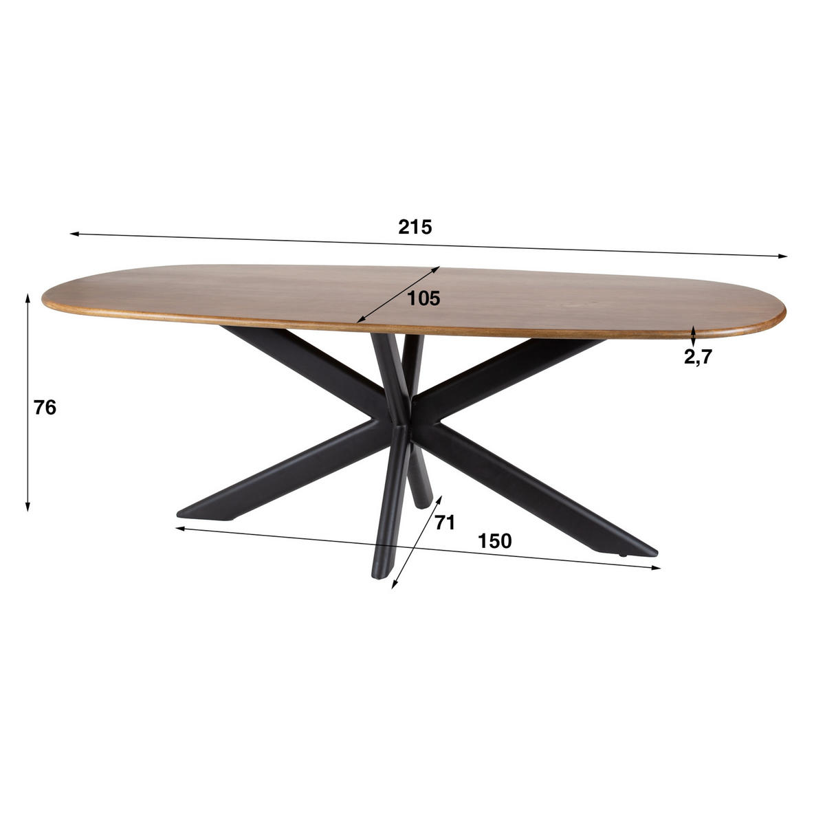 ESSTISCH CLIFF SABBIA GRANDE Dänisch-Ovaler Massivholztisch Mango mit Ovalrohr-Gestell 215 cm - Sandfarben, Holz (215/105/76cm) - alesvelt