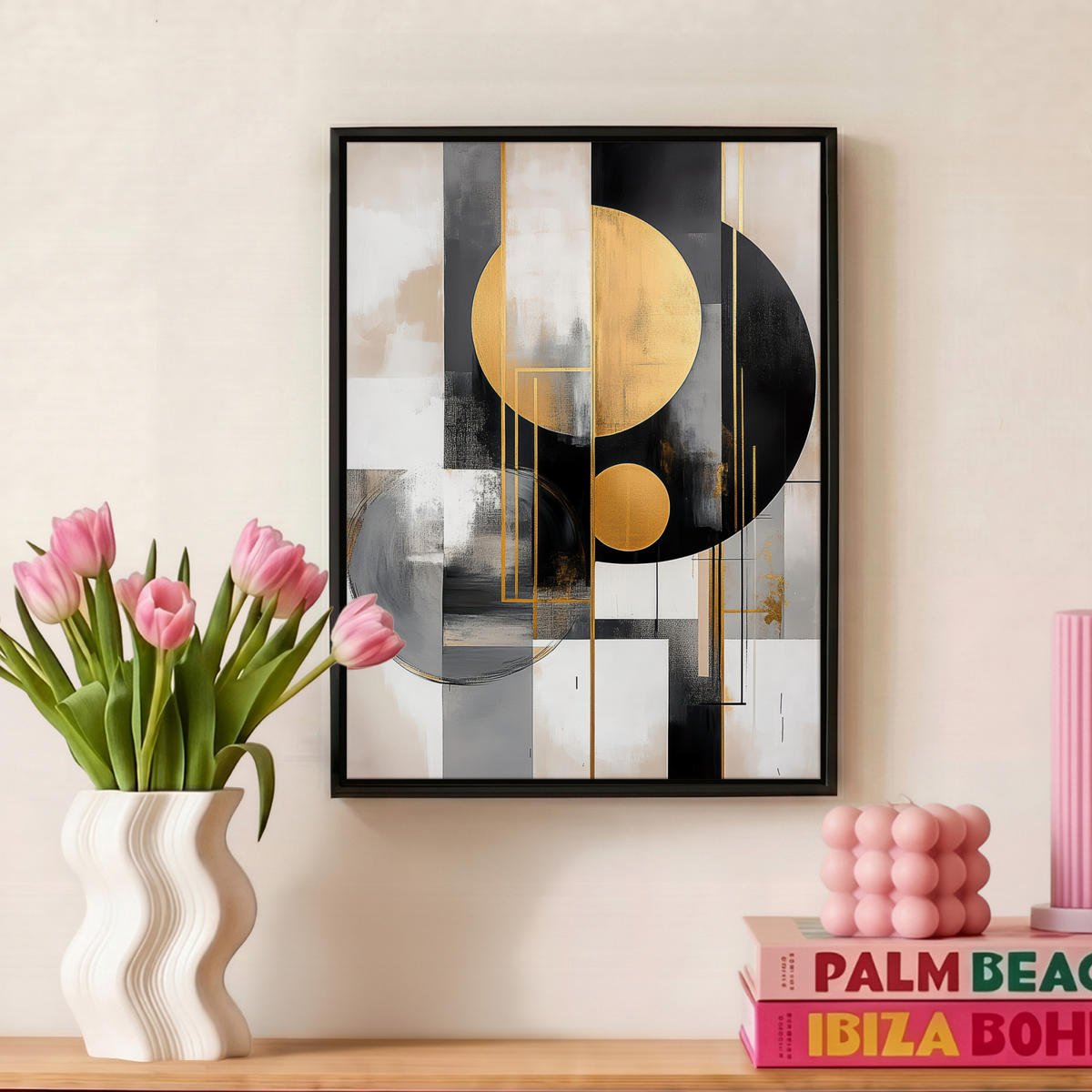 LEINWAND Bilder mit Rahmen - Abstrakt - Gold - Silber - Formen - Ästhetisch - Modern - 30x40 - Goldfarben, Textil (30/40cm) - MuchoWow