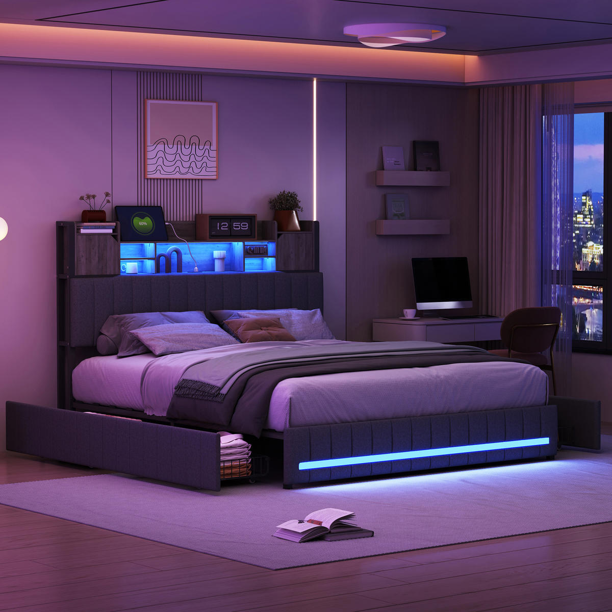 STAURAUMBETT 140x200 cm in Grau mit gepolstertem Kopfteil & Ladestation - Grau, Holz/Metall (140/200cm) - PARAFTA HOME