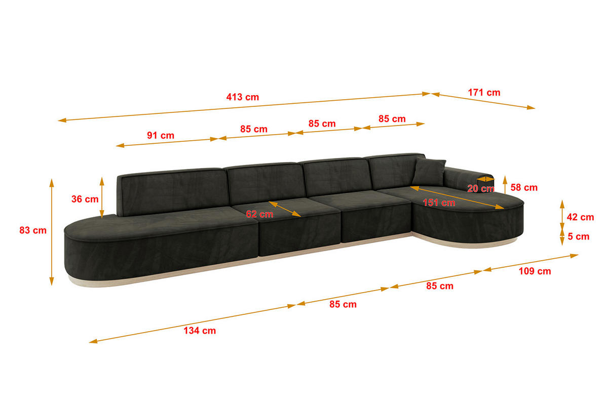 ECKSOFA Ottomane Rechts MARI-L3-v1 - 413x171x83 cm Schwarz Velours - Schwarz, Holzwerkstoff/Textil (171/413cm) - ALTDECOR