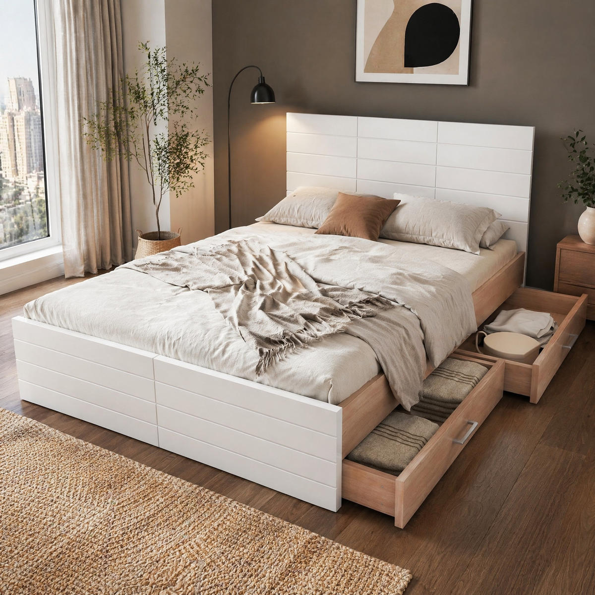 BETT 180/200 mit 2 Schubladen, Lattenrost und Stauraum, Eiche/Weiß - Eichefarben/Weiß, Holzwerkstoff (180/200cm) - EVRYAE