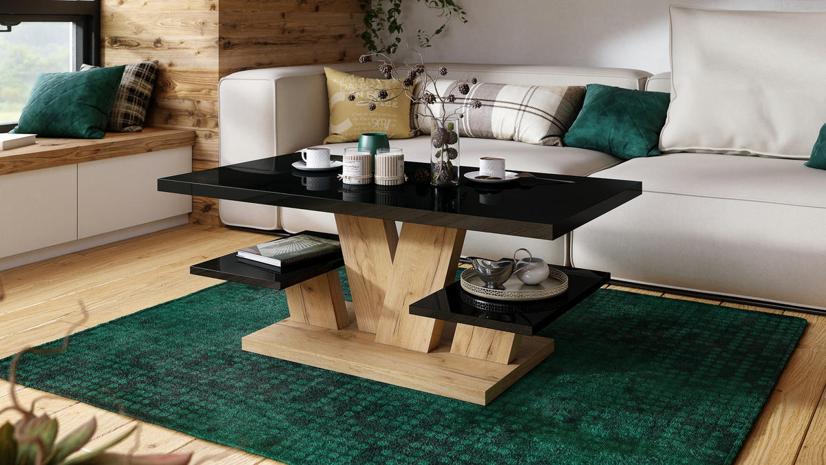 COUCHTISCH rechteckig Schwarz Hochglanz - Eiche Gold 110/60/45 cm - Schwarz Hochglanz, Holzwerkstoff (60/110/45cm) - designimpex