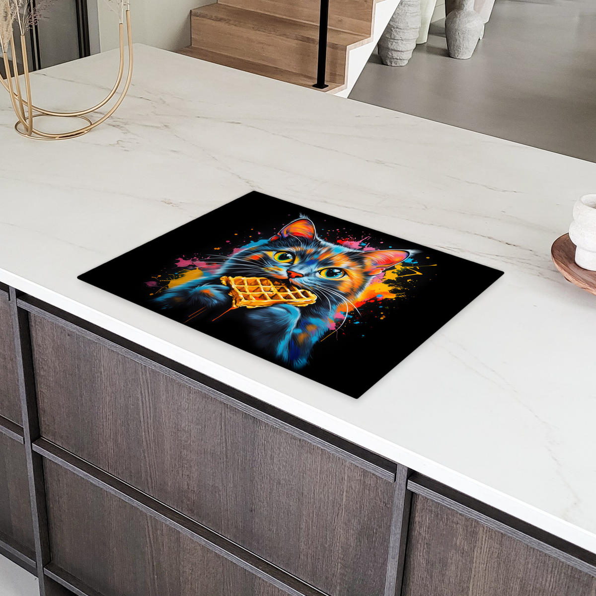 HERDABDECKPLATTE Katze - Graffiti - Bunt - Waffel - Essen Induktionsmatte 71x52 cm - Multicolor, Kunststoff (71/52/0.2cm) - MuchoWow