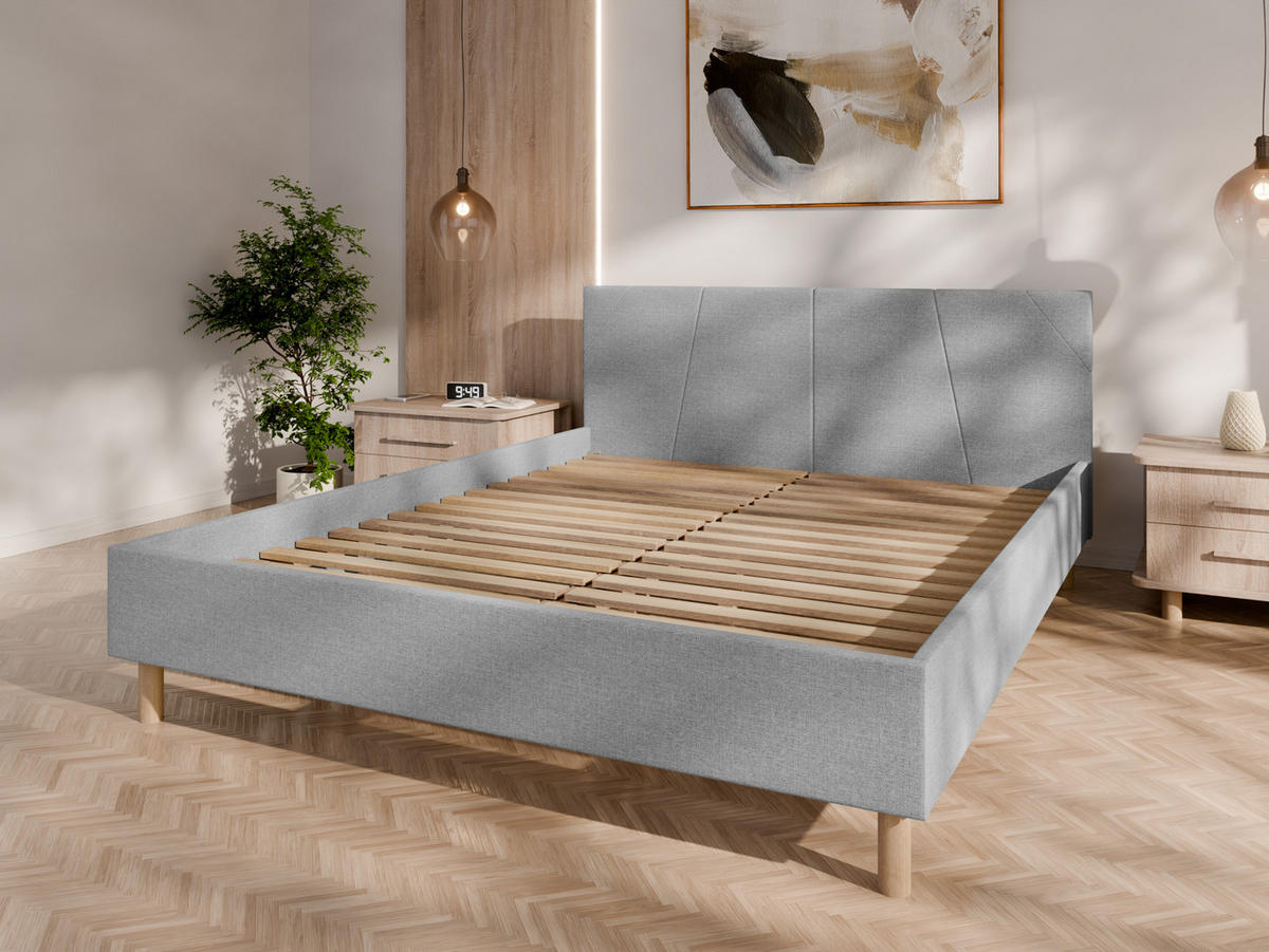 POLSTERBETT ALMORE 160x200cm Elegantes Polsterbett für modernen Wohnstil , 7-Zonen-Taschenfederkernmatratze CIRA (24 cm), hellgrau-2 - Blaugrau, Holz (160/200cm) - Panda Möbel