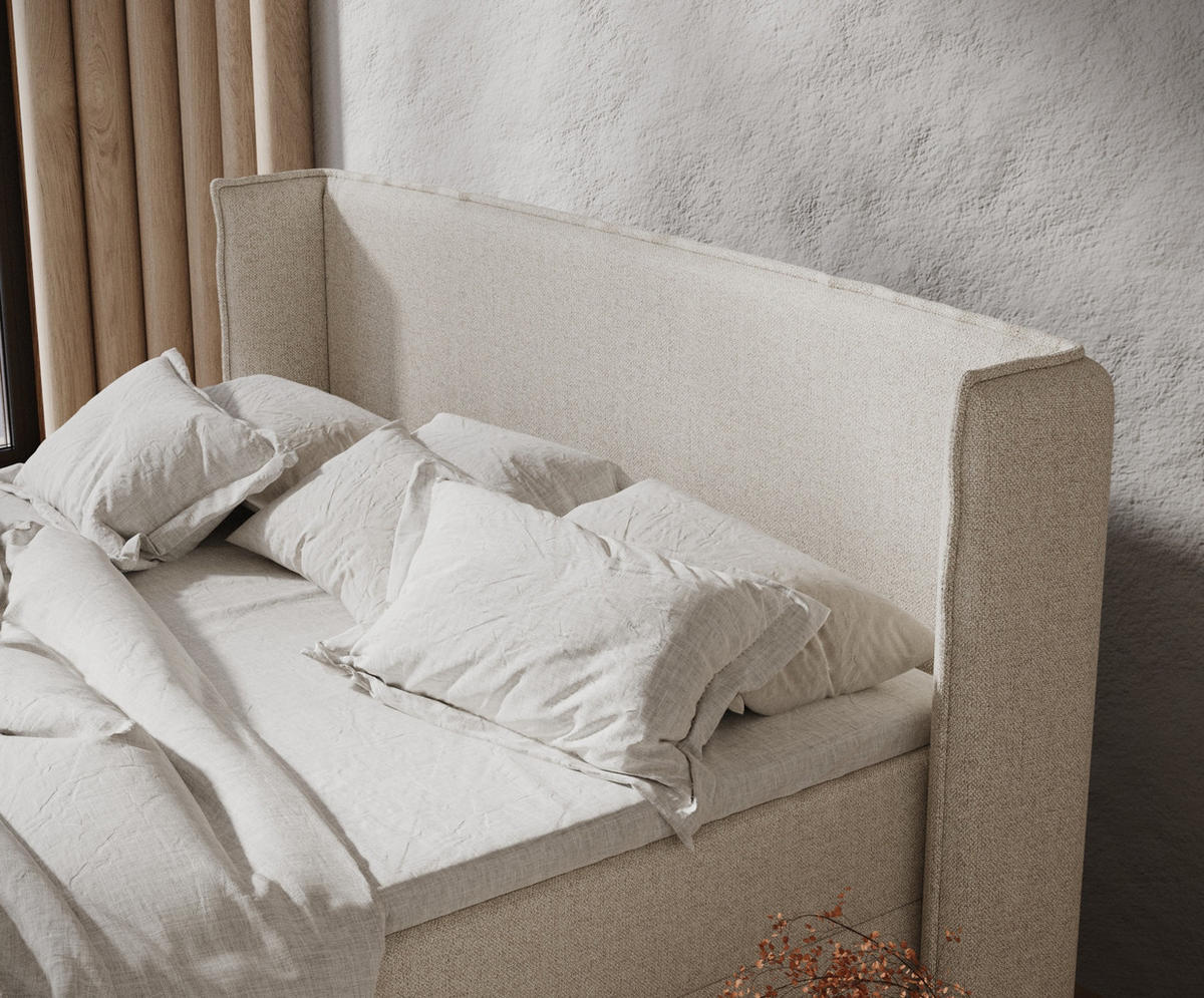 BOXBETT Monpelli Hellbeige 200/200 cm mit Matratze und Topper - Beige/Schwarz, Holz/Holzwerkstoff (200/200cm) - Maison de Reve