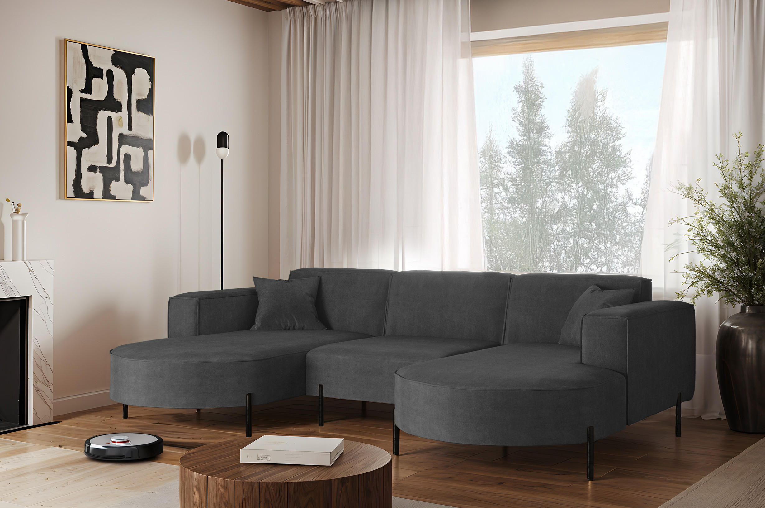 ECKSOFA U-Form Designer Modena Rein Stoff Noel Dunkelgrau - Dunkelgrau, Holz (165/299cm) - Kaiser Möbel