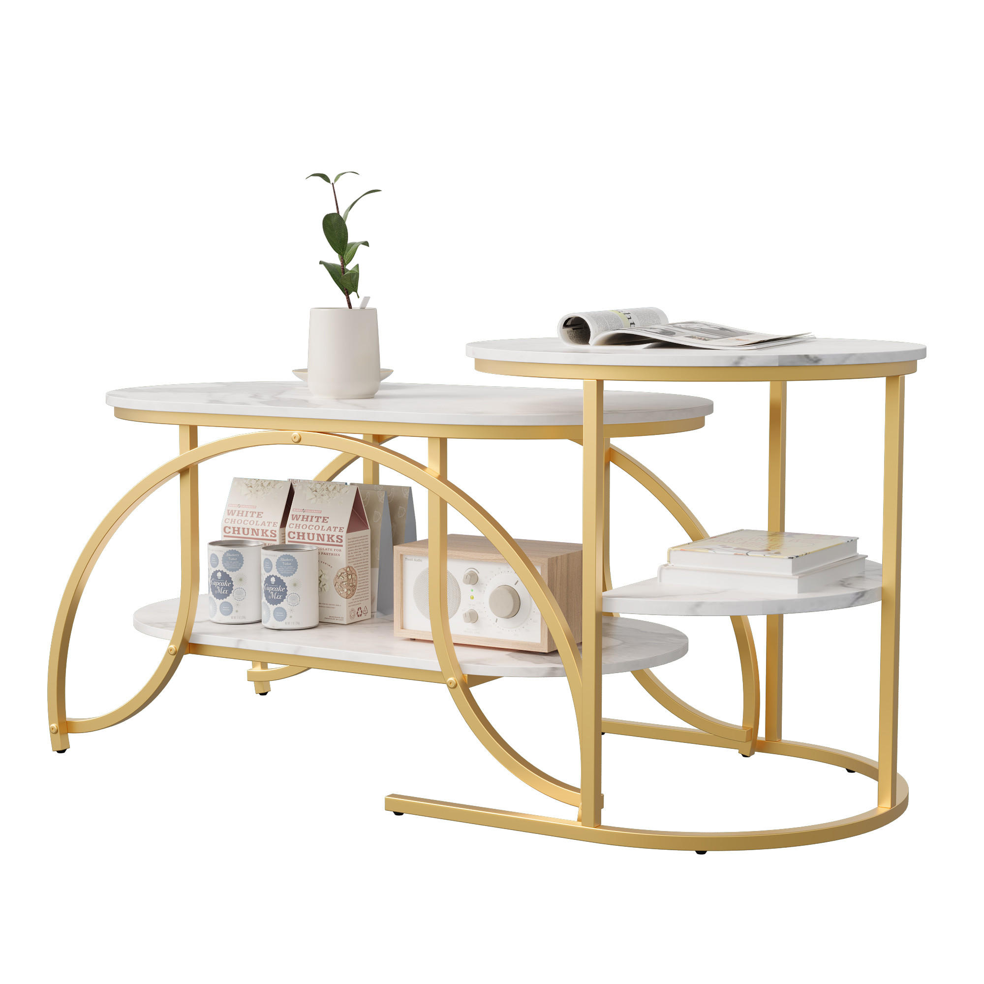 EuroLiving KONFERENČNÍ stolek 80x46 cm s mramorovým vzhledem a kovovým rámem, zlatá barva