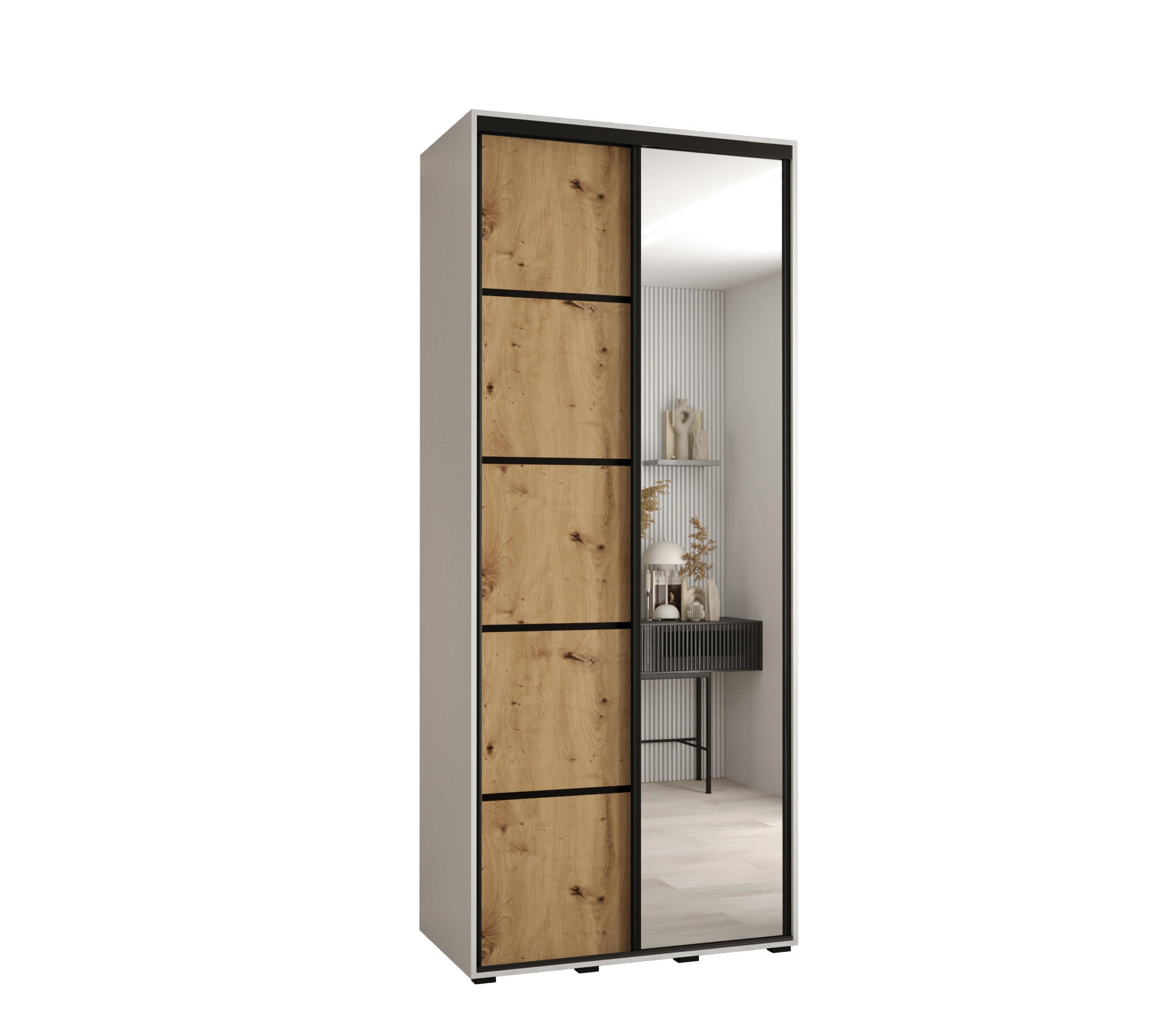 Abiks Möbel Schwebetürenschrank Weiß, Eiche Artisan, Schwarz 120x235x45 cm