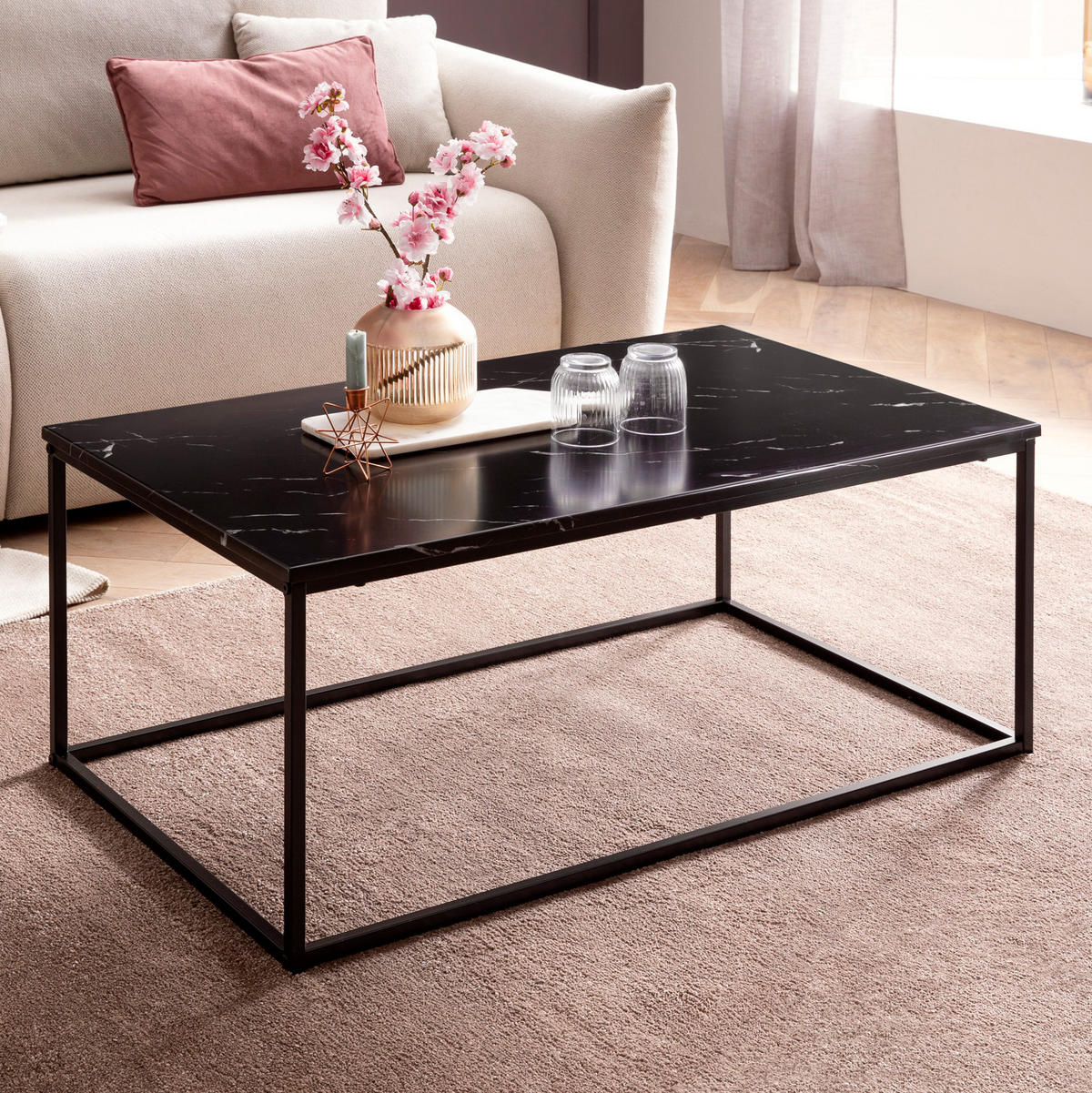 COUCHTISCH mit Marmor-Optik, Metallbeine, rechteckig, Serie MARBRIX, Schwarz 100x60x40 cm - Schwarz, Holz/Metall (60/100/40cm) - KADIMA DESIGN