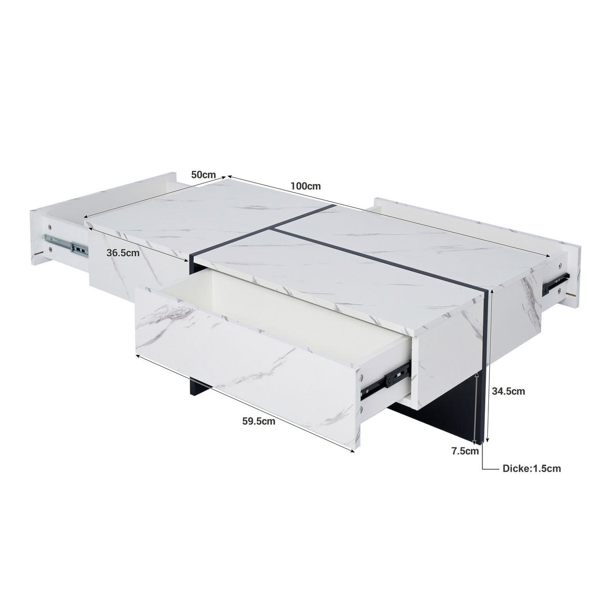 COUCHTISCH, Marmoroptik Weiß, 3 Schubladen, App-gesteuerte LED-Beleuchtung, 100/50/34,5 cm,Weiß - Weiß, Holzwerkstoff (100/50/34.5cm) - Redom