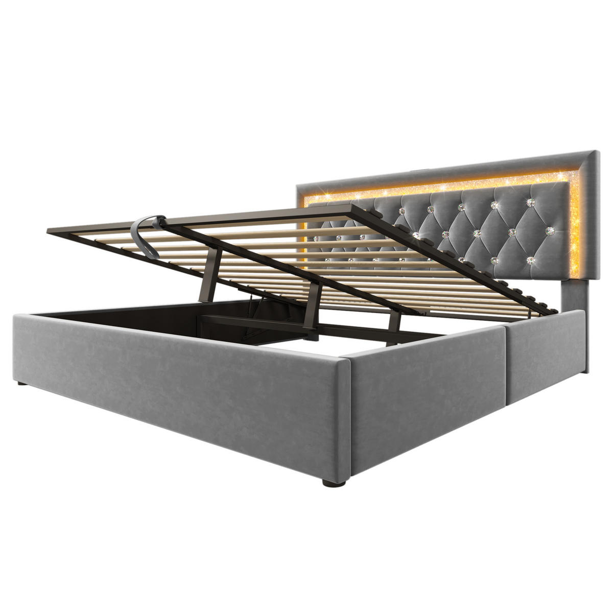 POLSTERBETT 160/200 cm Grau mit LED-Beleuchtung Stauraum USB- und Type-C-Anschlüssen mit Matratze - Grau, Textil (160/200cm) - OKWISH