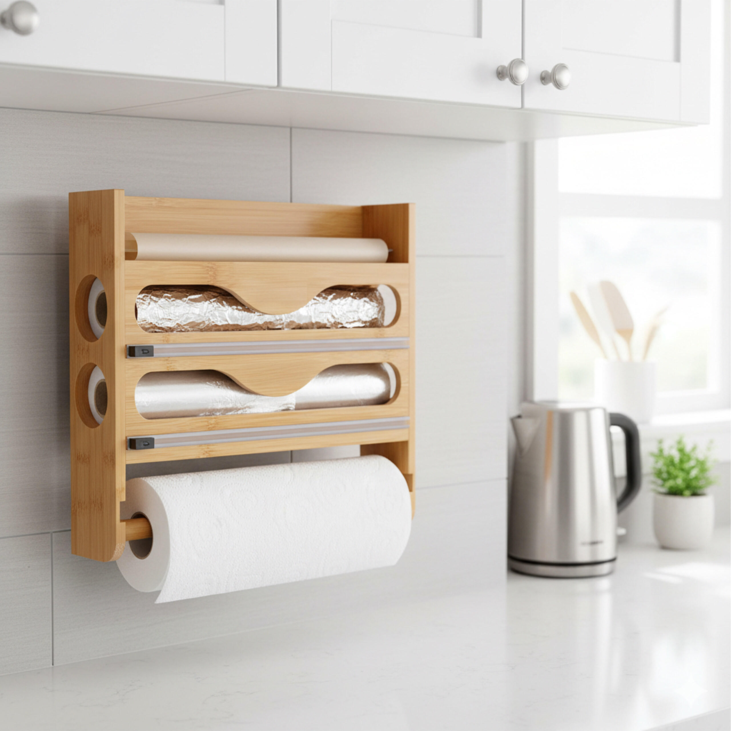 WANDROLLENHALTER - Hellbraun, Holz/Kunststoff (35/27/7cm) - Relaxdays