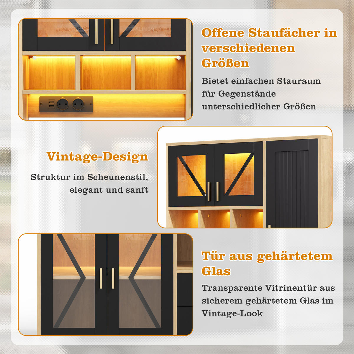 BUFFET 105/39/185 cm Schwarz mit farbwechselnder LED-Beleuchtung und 2 Schublade - Naturfarben, Holz (105/185/40cm) - Oxeza