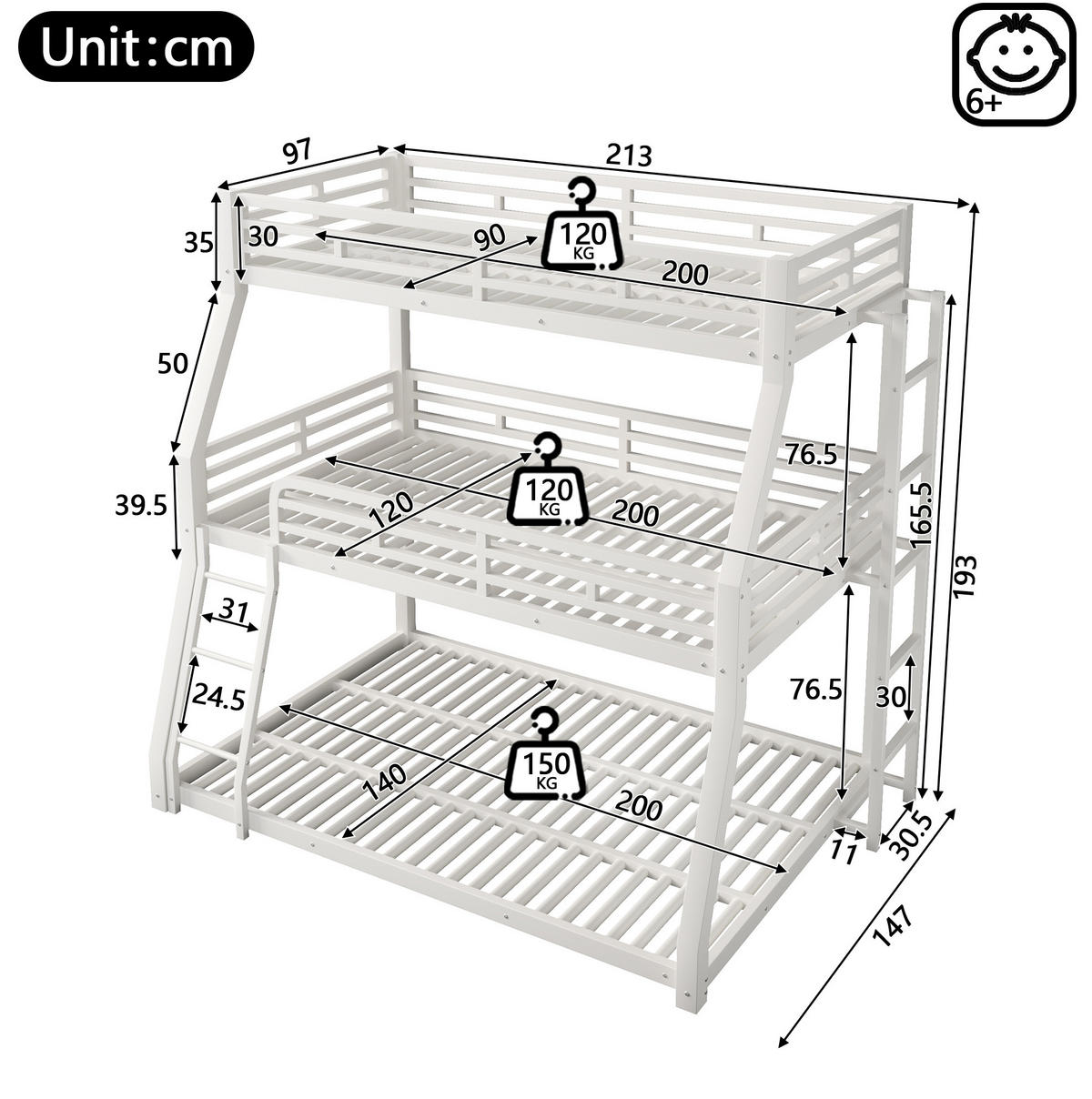 ETAGENBETT aus Metall 90x200 / 120x200 / 140x200 cm Weiß mit 2 Leitern - Weiß, Metall (90/200cm) - Modfu